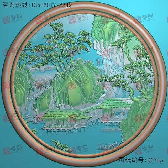 山水圆牌3翡翠碧玉电脑精雕图纸_玉石雕刻机厂家